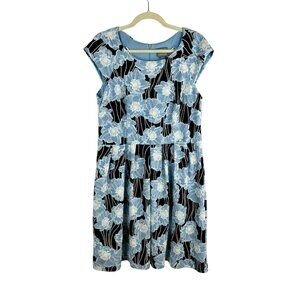 Rabbit Rabbit Rabbit Designs Floral Dress Women 14 Blue Black A Line Knee Length